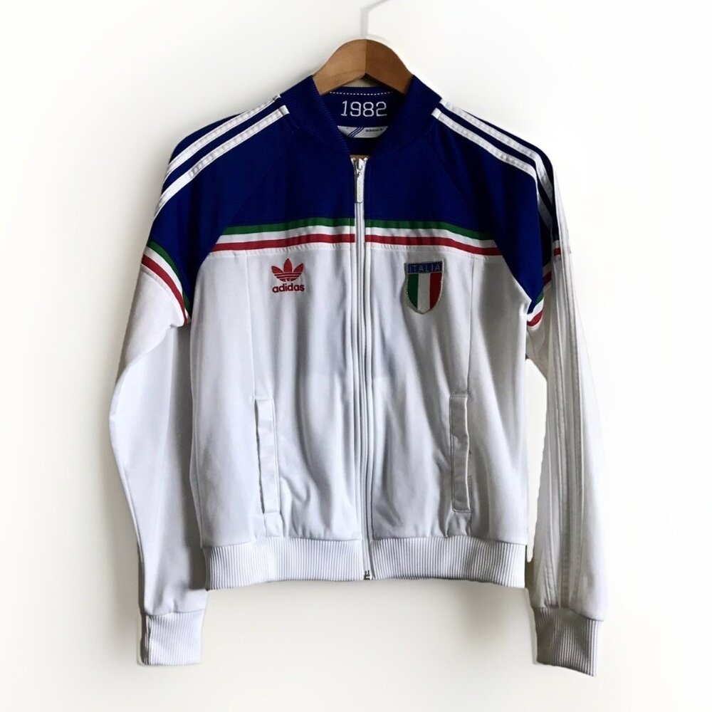 adidas White and Blue Italy Stripe Track Jacket